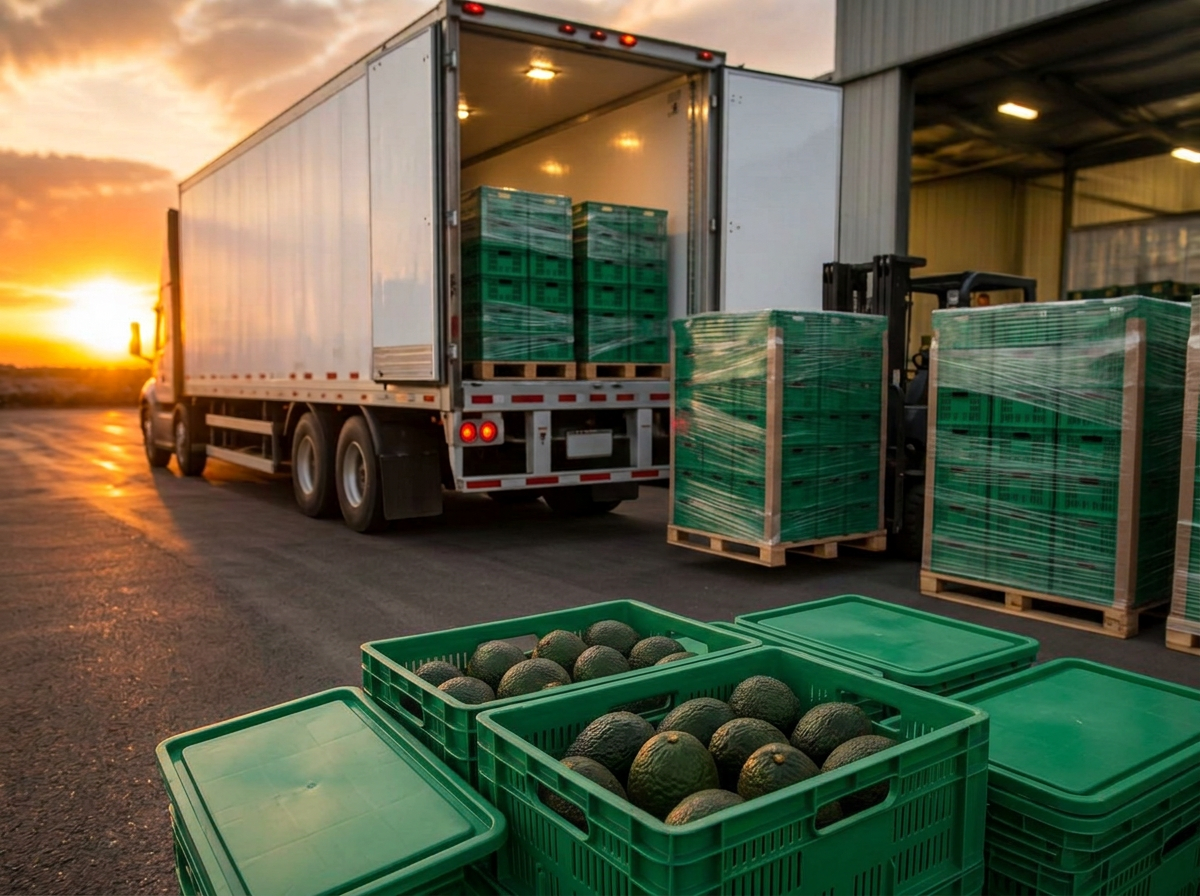 Camiones refrigerados cargados con cajas de plástico de aguacate saliendo de la planta