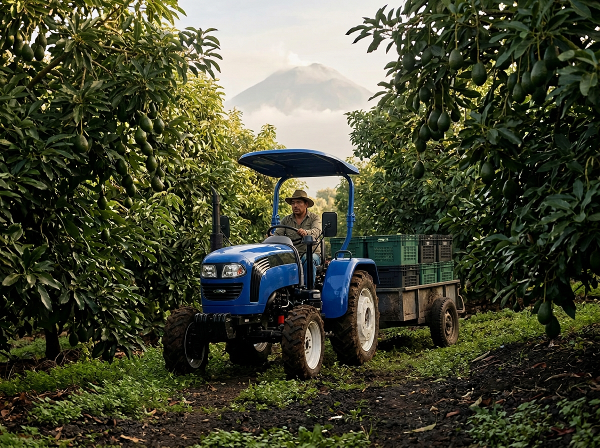 Tractor frutero azul entre árboles de aguacate Hass, con remolque de cosecha y el Popocatépetl al fondo