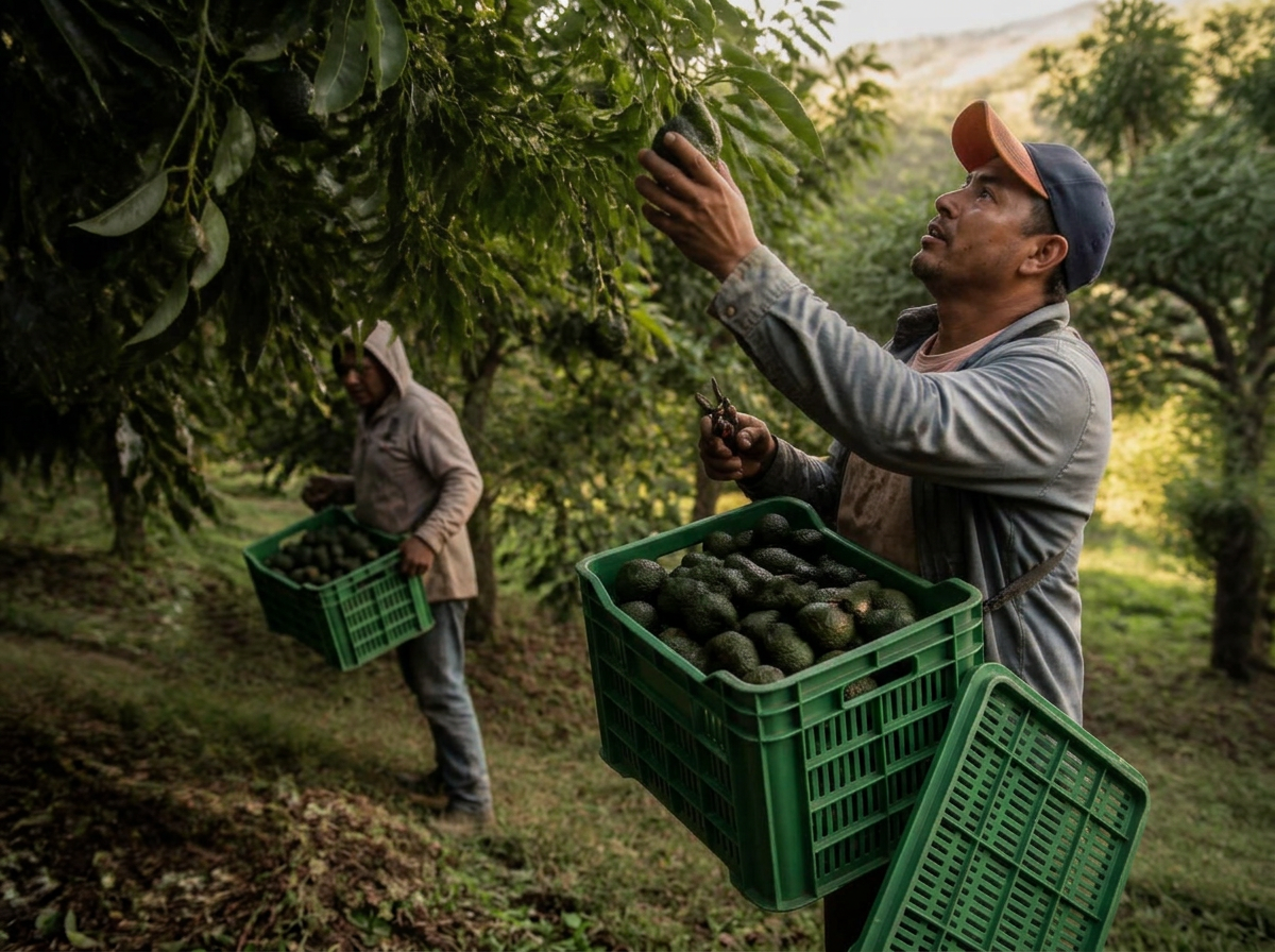 Cosechadores recogiendo aguacates a mano en el huerto