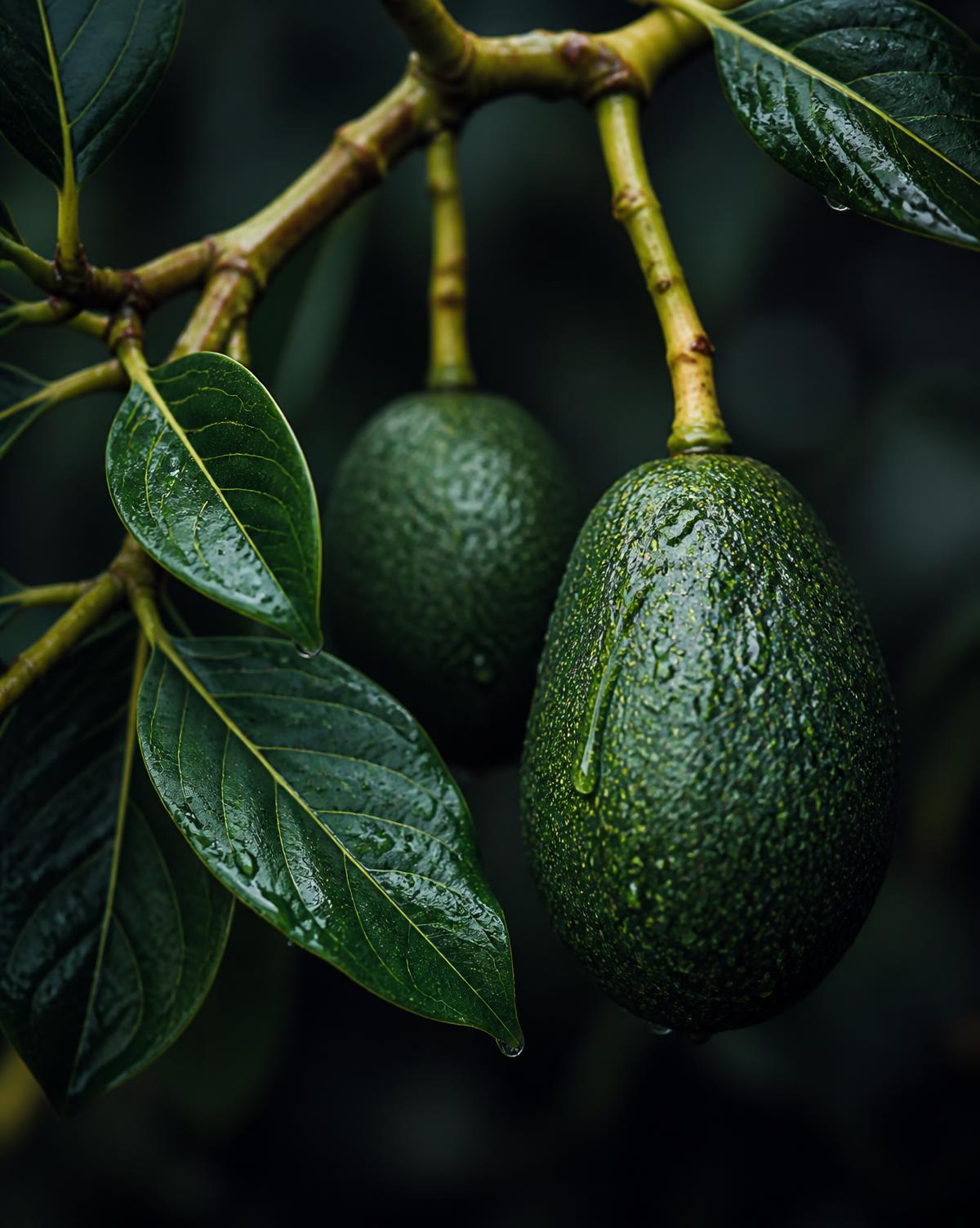 Rama de aguacate con fruta y rocío