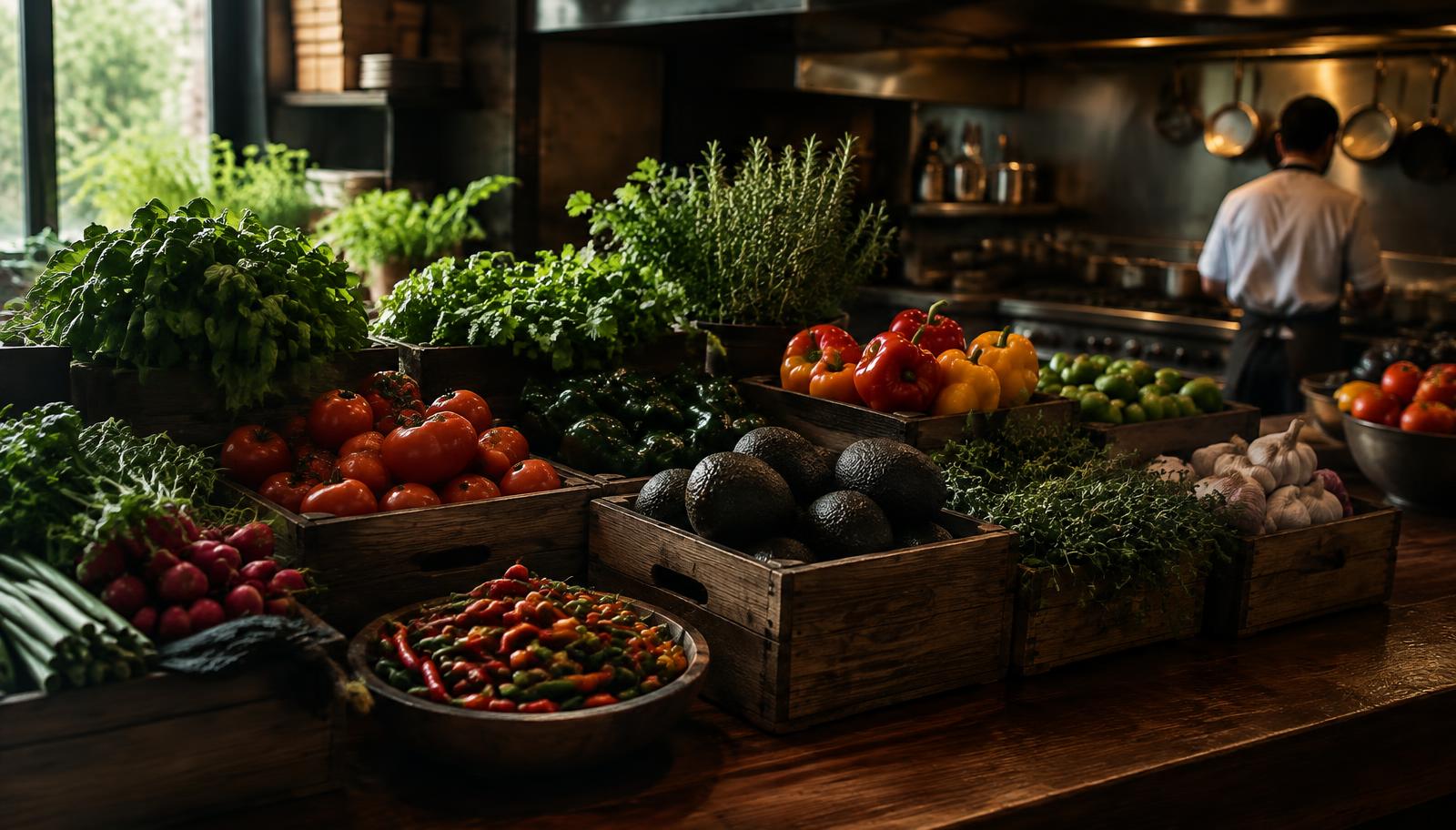 Crates of vegetables, herbs, chiles and Hass avocados in a professional kitchen