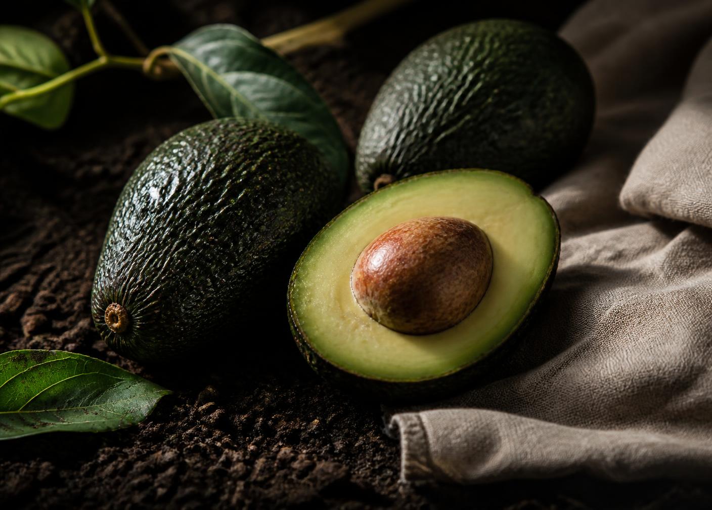 Aguacates Hass frescos, uno partido a la mitad, sobre tierra volcánica