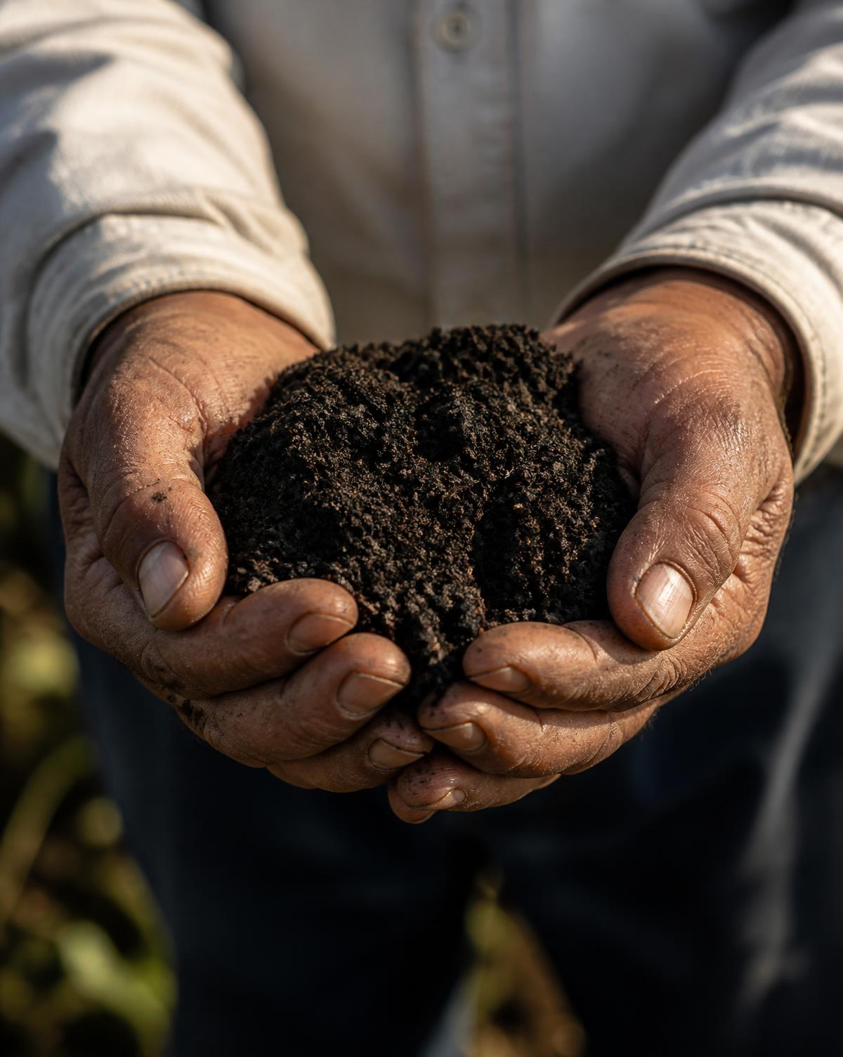 Manos de agricultor sosteniendo tierra volcánica oscura